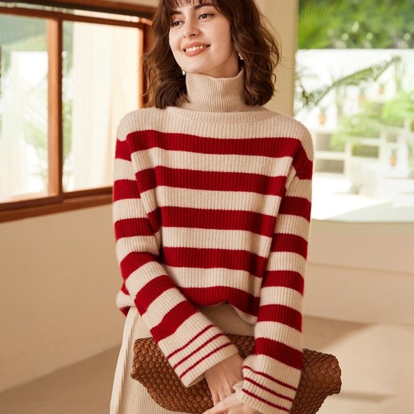 Light Luxury - Women's Turtleneck Striped Pure Cashmere Sweater - Picture 1 of 7